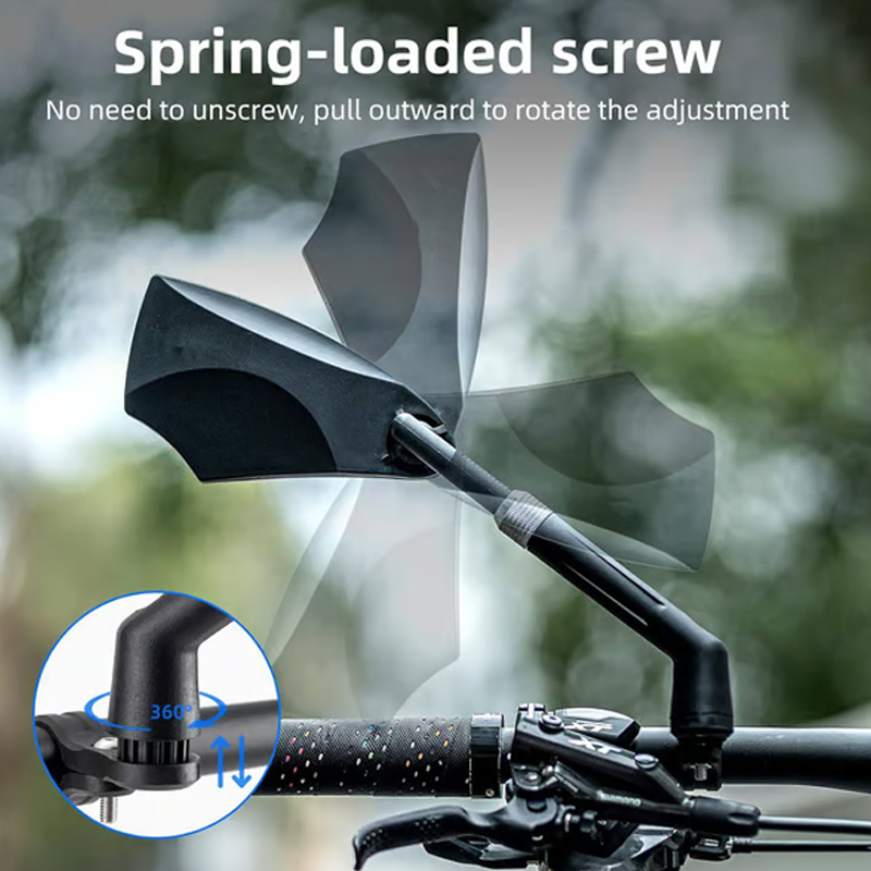 Arenzza 360° adjustable bicycle rear view mirror mounted on handlebars, showing its compact design and reflective surface.