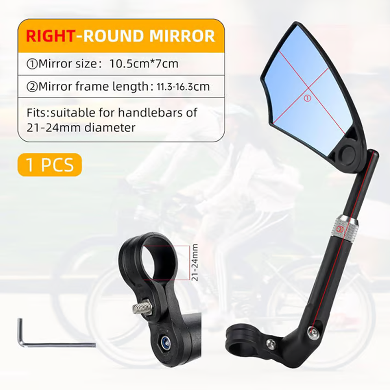 Arenzza 360° adjustable bicycle rear view mirror mounted on handlebars, showing reflective surface for enhanced cycling safety.