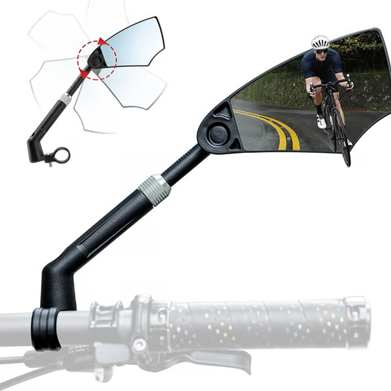 Arenzza 360° adjustable bicycle rear view mirror attached to handlebars, showing clear reflection and sturdy mount for cycling safety.