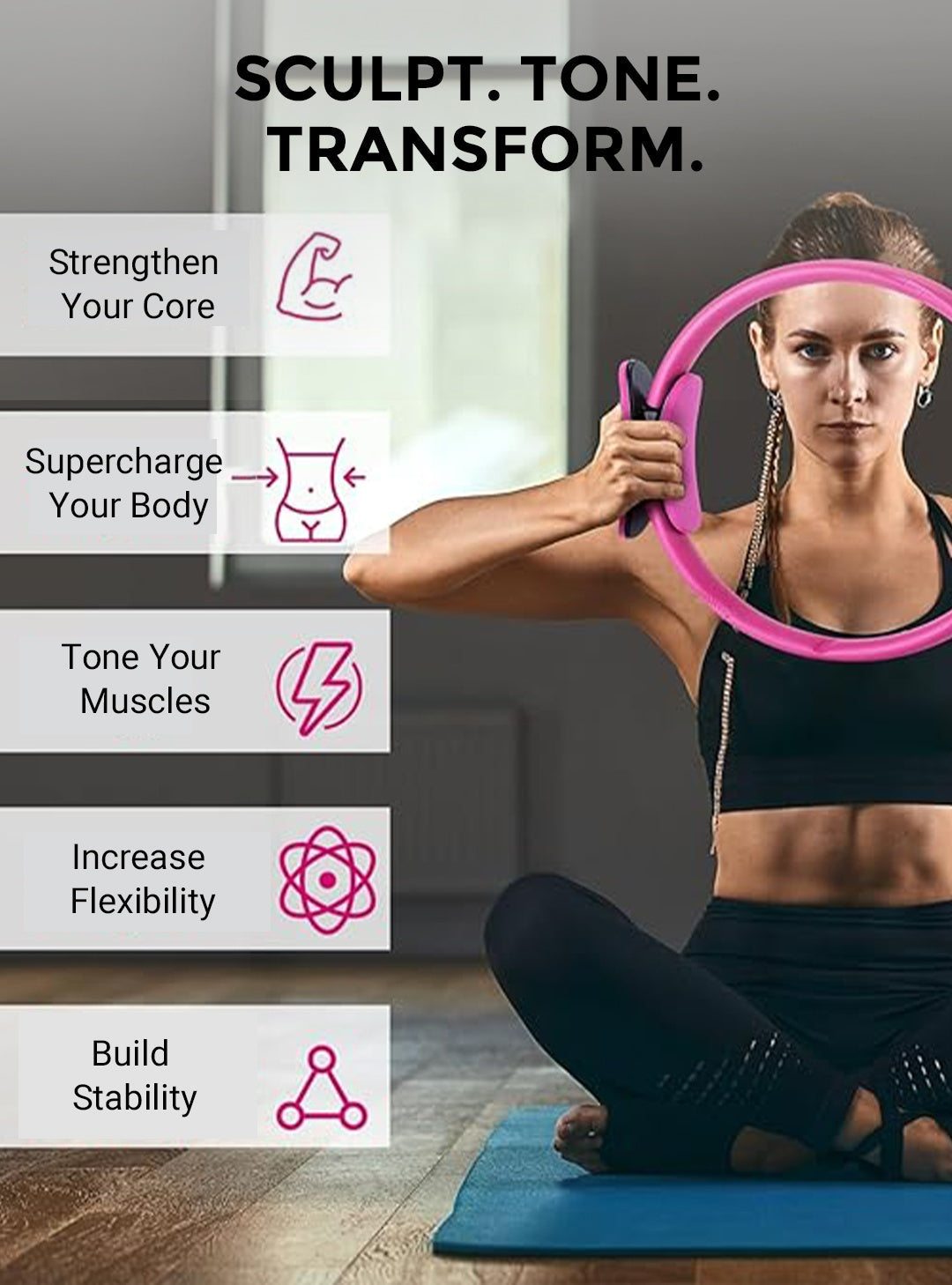 Arenzza Pilates Ring Personal Trainer for fitness and strength exercises, showing a close-up of the black and red exercise ring.