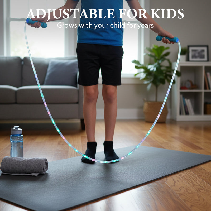 Arenzza LED light-up jump rope for kids, featuring colorful LED lights and durable handles for outdoor play and exercise.