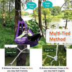 Arenzza upgraded camping hammock with ropes, shown set up outdoors, featuring durable fabric and sturdy suspension for outdoor relaxation.