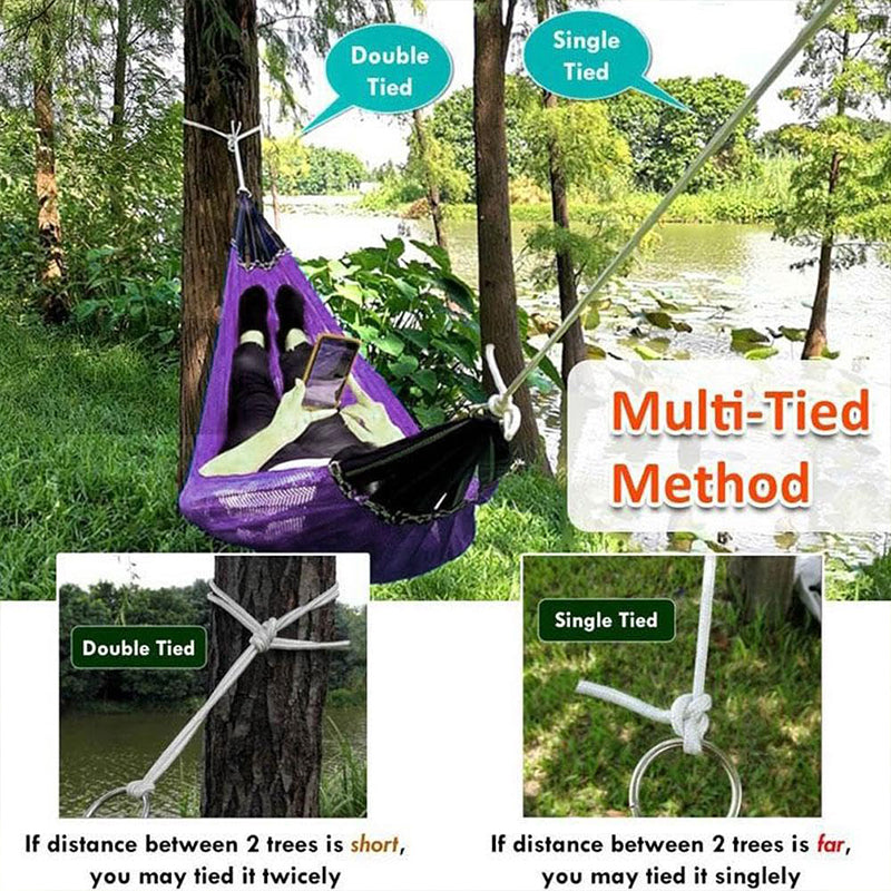 Arenzza upgraded camping hammock with ropes, shown set up outdoors, featuring durable fabric and sturdy suspension for outdoor relaxation.