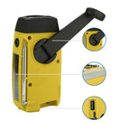 Arenzza portable solar emergency radio with built-in flashlight, digital display, and multiple charging options for outdoor use.
