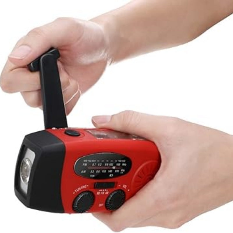 Arenzza portable solar emergency radio with digital display, antenna, and multiple charging ports, designed for outdoor survival and safety.