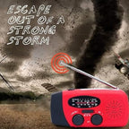 Arenzza portable solar emergency radio with digital display, solar panel, and hand crank for outdoor sports and emergency use.