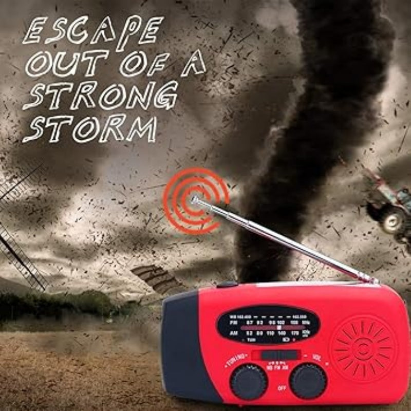 Arenzza portable solar emergency radio with digital display, solar panel, and hand crank for outdoor sports and emergency use.