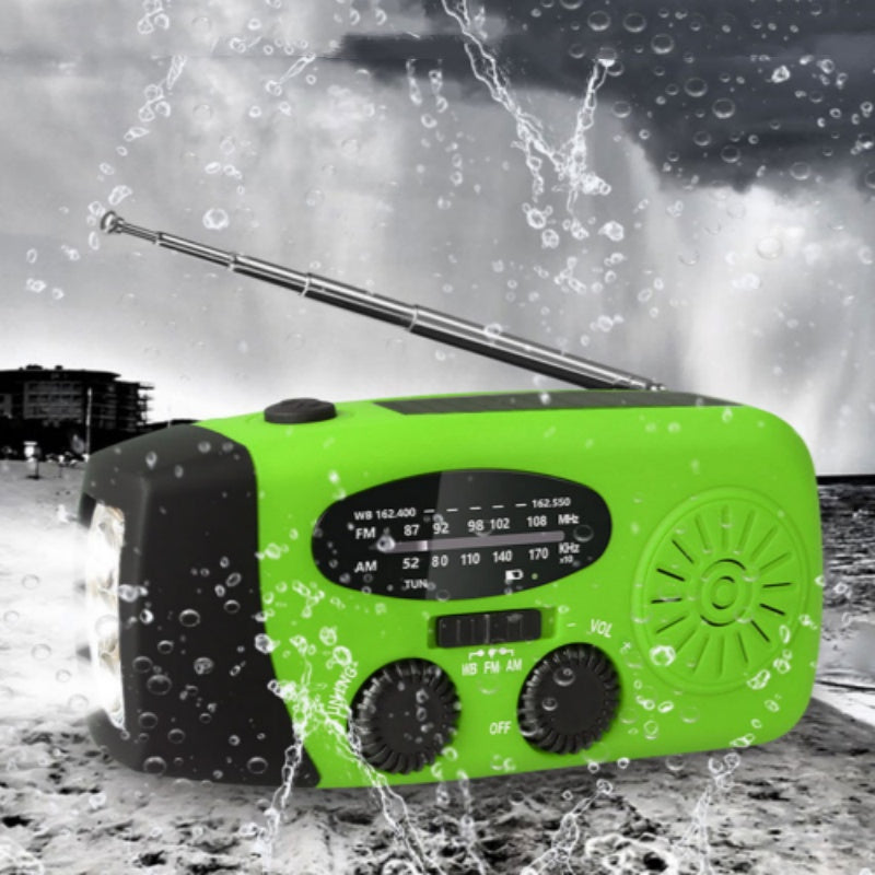Arenzza portable solar emergency radio with built-in flashlight and USB charging ports, ideal for outdoor sports and outdoor survival.