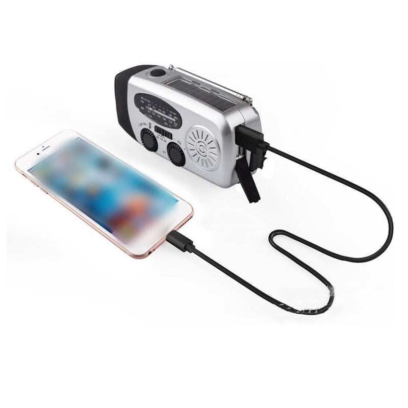 Arenzza multifunctional portable solar emergency radio with digital display, solar panel, and emergency flashlight in a compact outdoor design.