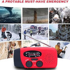 Arenzza multifunctional portable solar emergency radio with built-in solar panel, USB port, and digital display for outdoor use.