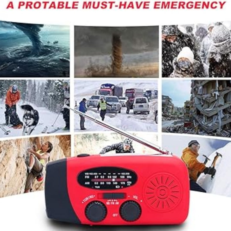 Arenzza multifunctional portable solar emergency radio with built-in solar panel, USB port, and digital display for outdoor use.