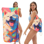 Arenzza 2-in-1 printed beach towel backpack featuring a colorful tropical design, ideal for sports, outdoor activities, and beach trips.