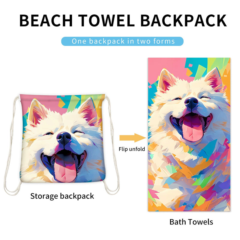 Arenzza 2-in-1 printed beach towel backpack featuring vibrant tropical print, designed for sports and outdoor activities.