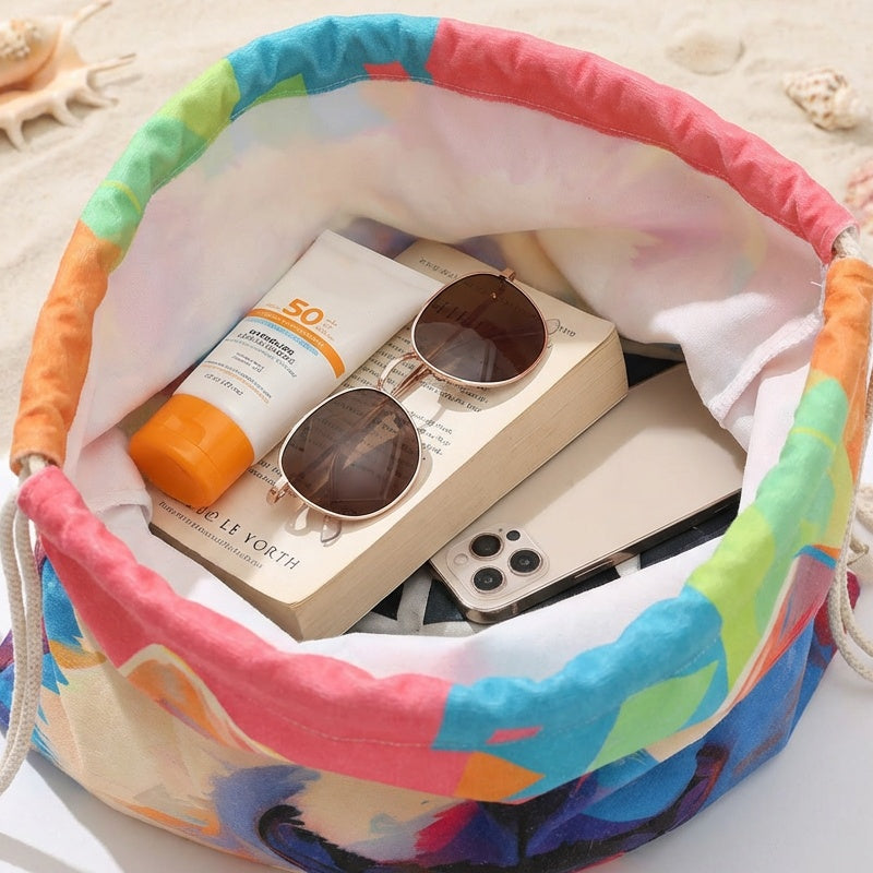 Arenzza 2-in-1 printed beach towel backpack with colorful tropical design, compact and versatile for sports and outdoor activities.
