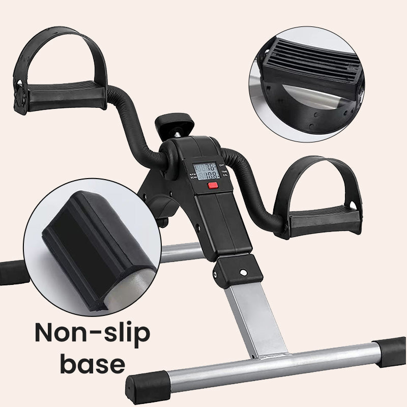 Arenzza mini folding pedal exerciser for under desk use, compact black portable fitness equipment with adjustable pedals.