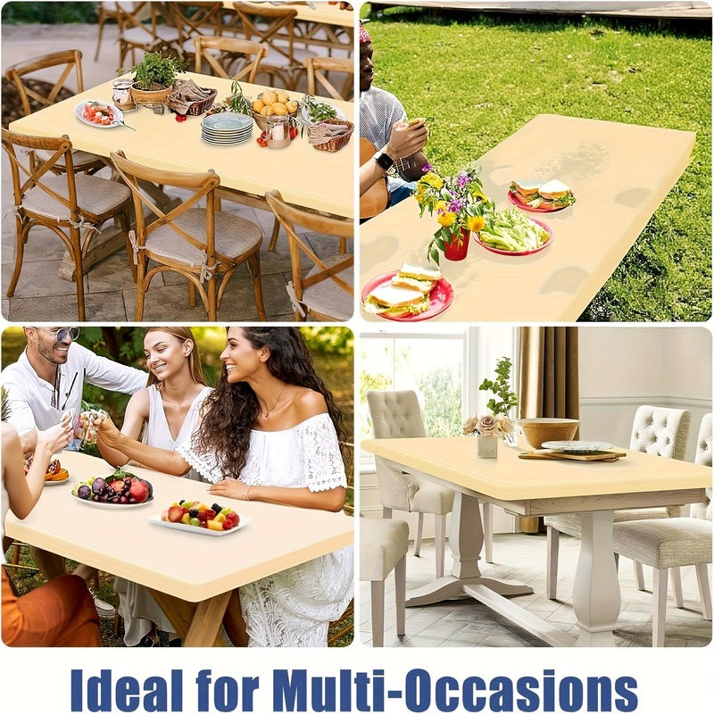 A white fitted spandex table cover for rectangular and square tables by Arenzza, perfect for sports and outdoor events.
