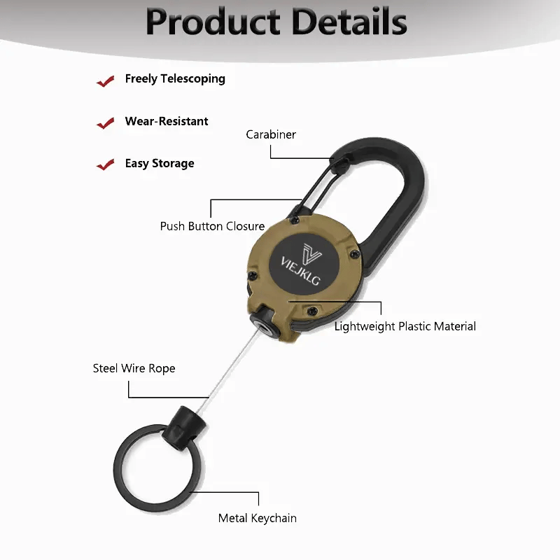Arenzza retractable carabiner keychain with 65cm steel lanyard, lightweight and sturdy for outdoor keys and accessories.