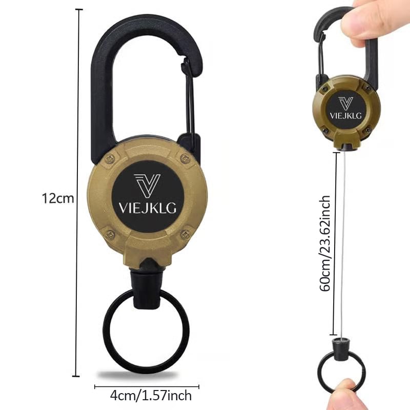 Arenzza retractable carabiner keychain with 65cm steel lanyard, lightweight, sturdy, and designed for outdoor use.