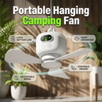 Rechargeable Arenzza ceiling fan with LED lights, compact design, ideal for outdoor or indoor use, providing cool air and bright lighting.