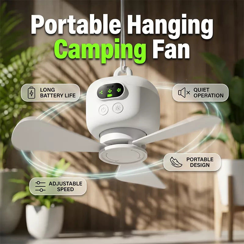 Rechargeable Arenzza ceiling fan with LED lights, compact design, ideal for outdoor or indoor use, providing cool air and bright lighting.
