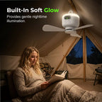 Rechargeable Arenzza ceiling fan with LED lights, compact design, perfect for outdoor or indoor cooling and bright lighting.