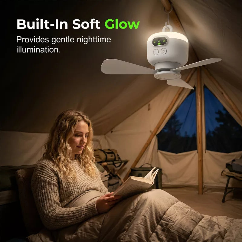Rechargeable Arenzza ceiling fan with LED lights, compact design, perfect for outdoor or indoor cooling and bright lighting.