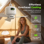 Rechargeable ceiling fan with LED lights by Arenzza, compact design ideal for outdoor and indoor cooling and lighting.