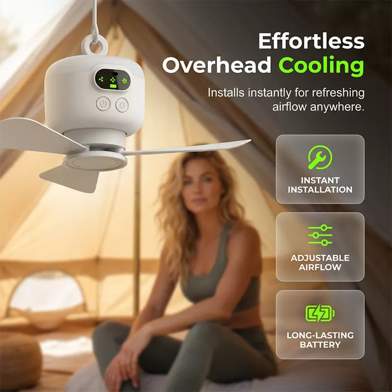 Rechargeable ceiling fan with LED lights by Arenzza, compact design ideal for outdoor and indoor cooling and lighting.