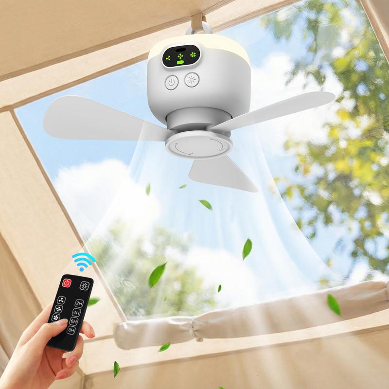 Rechargeable ceiling fan with LED lights by Arenzza, portable for outdoor use, featuring a sleek design and bright illumination.