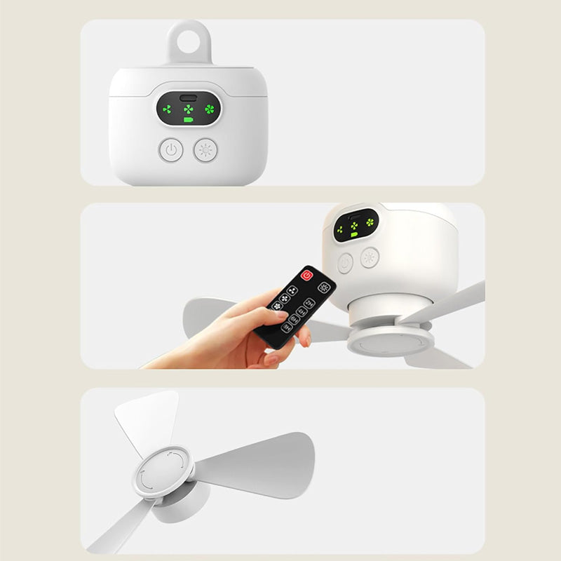 Arenzza rechargeable ceiling fan with LED lights, compact design, suitable for outdoor use and portable cooling.