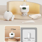Arenzza rechargeable ceiling fan with LED lights, compact design, showing the fan blades and illuminated LED in a home setting.