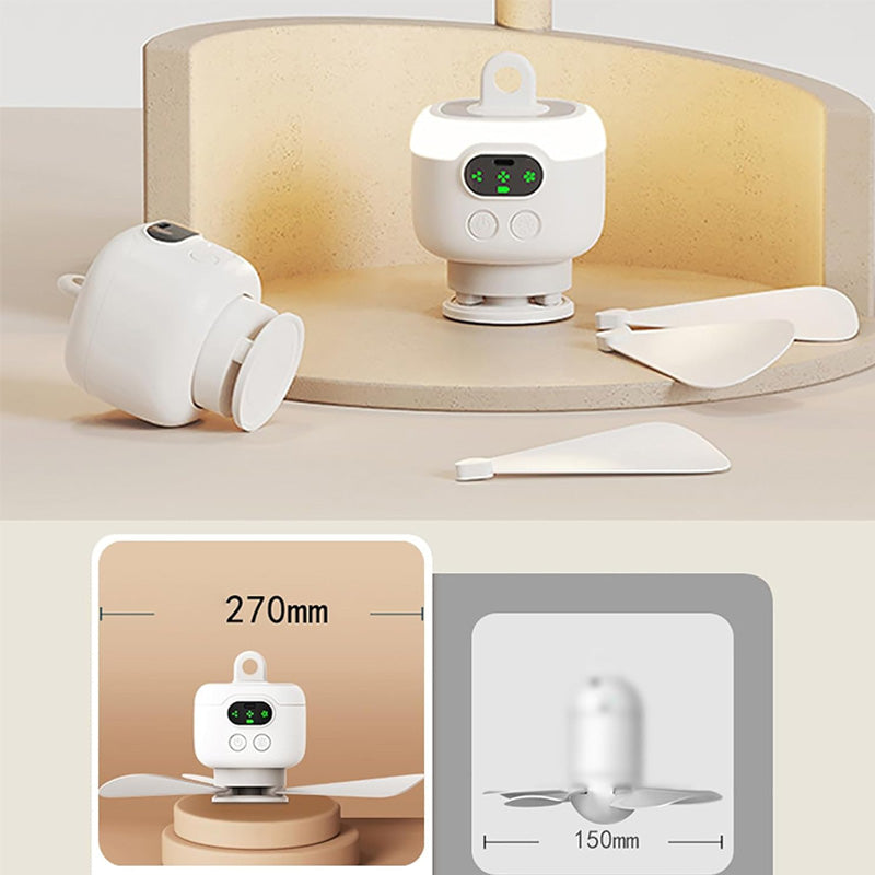 Arenzza rechargeable ceiling fan with LED lights, compact design, showing the fan blades and illuminated LED in a home setting.