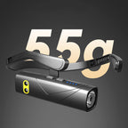 Arenzza LED rechargeable ear headlamp worn on head, lightweight design, ideal for running and outdoor night activities.