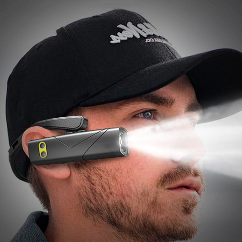Arenzza LED rechargeable ear headlamp worn on a runner's head, providing hands-free light for outdoor night activities.
