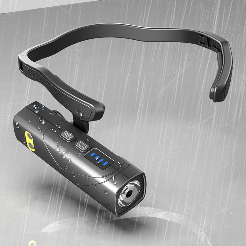 Arenzza LED rechargeable ear headlamp with ultra-light design, worn for running and outdoor night activities.