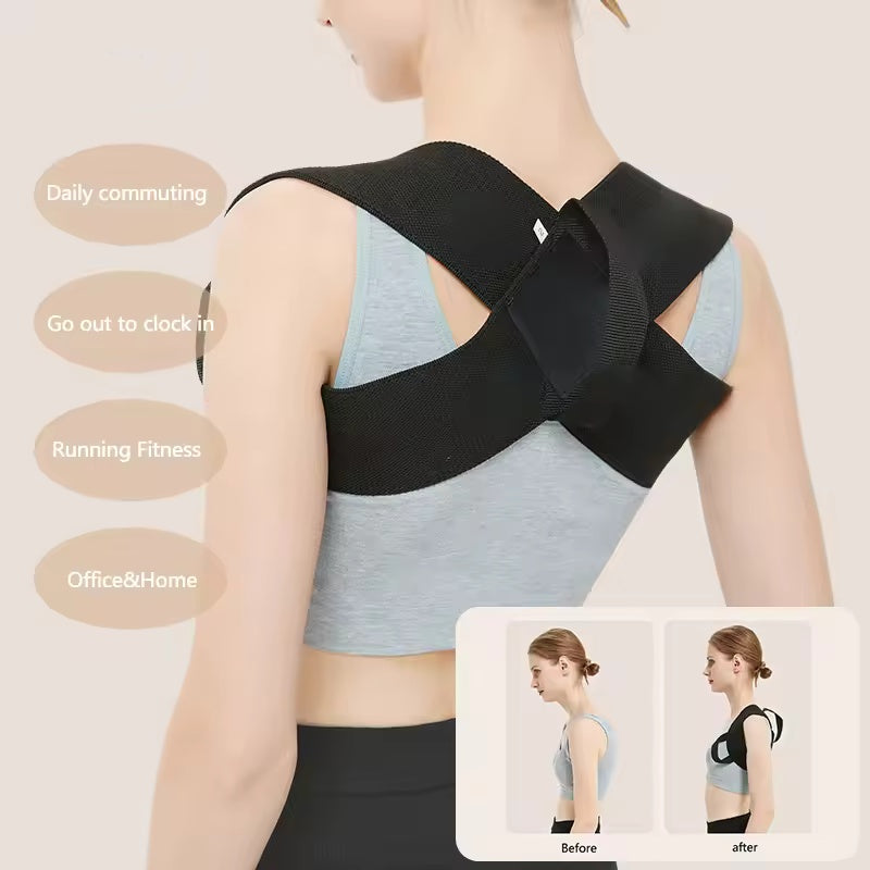 Arenzza back posture correction belt for men and women, designed for sports and outdoor use, shown in black with adjustable straps.