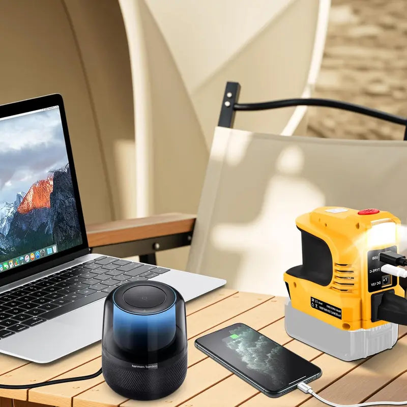 Arenzza compact DC to AC inverter for cars and outdoor use, with USB and power outlets, on a black background.