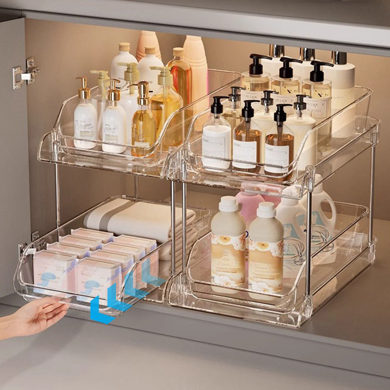 Acrylic Arenzza pull-out storage organizer with multiple compartments for efficient kitchen or office organization.