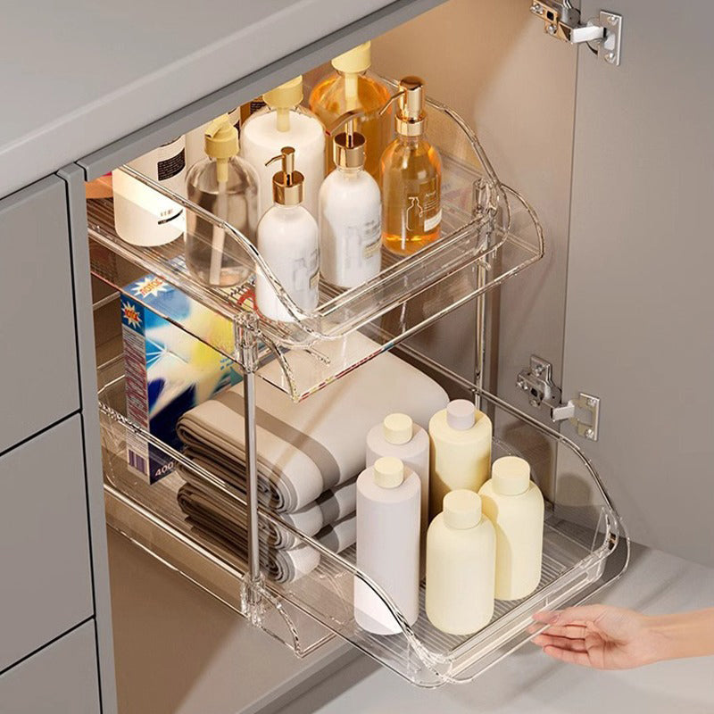 Arenzza acrylic pull-out storage organizer with multiple compartments for efficient kitchen or office organization.