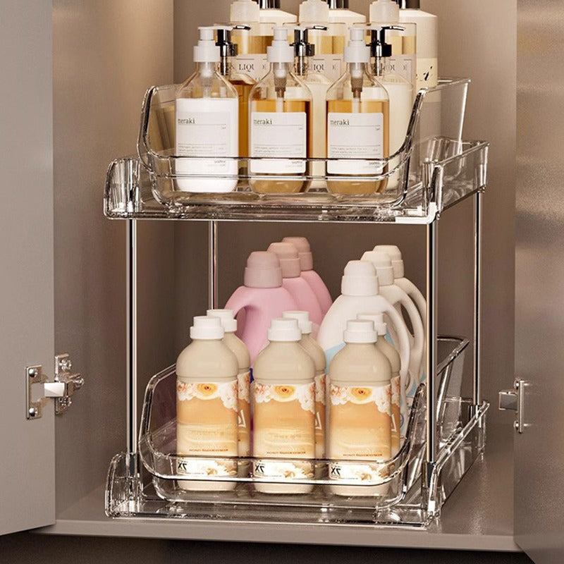 Acrylic Arenzza pull-out storage organizer with multiple compartments for efficient kitchen or office organization.