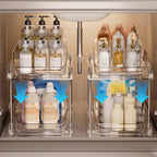 Acrylic Arenzza pull-out storage organizer with multiple compartments for efficient kitchen or bathroom organization.