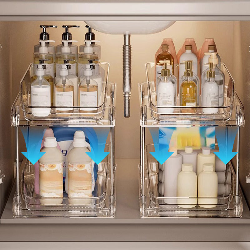 Acrylic Arenzza pull-out storage organizer with multiple compartments for efficient kitchen or bathroom organization.