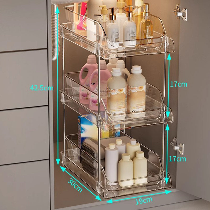 Acrylic pull-out storage organizer with multiple compartments, ideal for practical home or office organization by Arenzza.