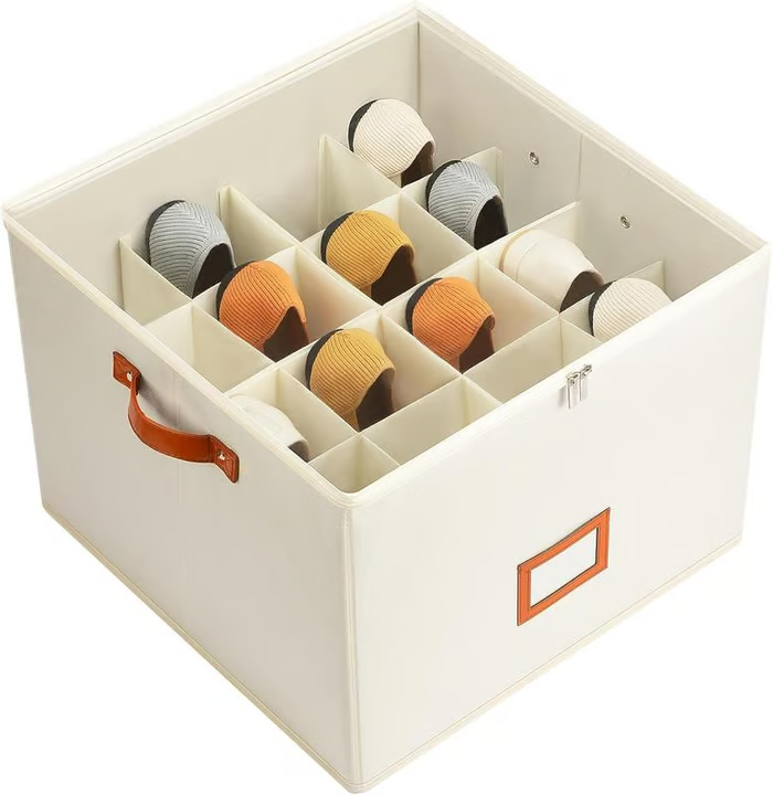 Arenzza fabric shoe organizer storage box with multiple compartments for organizing shoes and accessories.