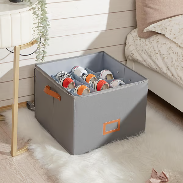 Arenzza fabric shoe organizer storage box with multiple compartments for organizing shoes and accessories.