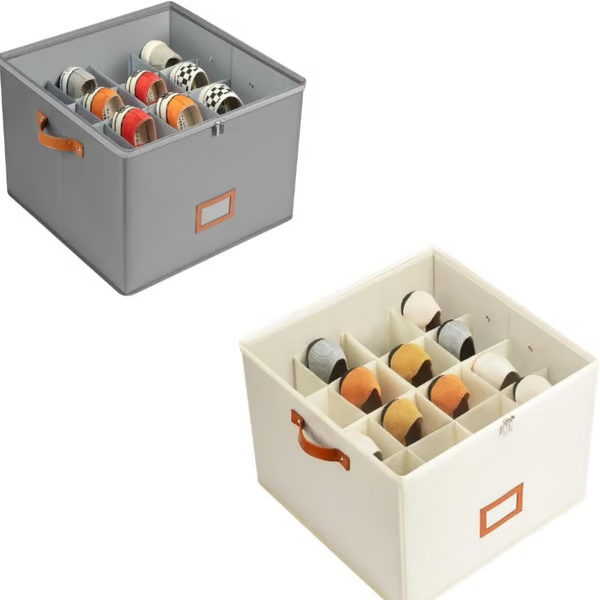 Arenzza fabric shoe organizer storage box with multiple compartments for organizing shoes and accessories.