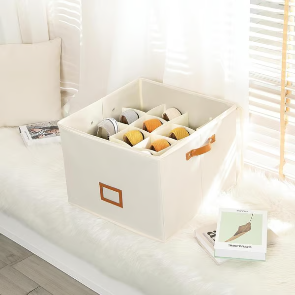 Arenzza fabric shoe organizer storage box with multiple compartments for organizing shoes and accessories.