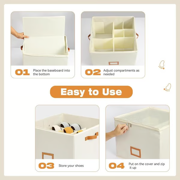 Arenzza fabric shoe organizer storage box with multiple compartments for shoes and accessories, designed for neat shoe storage.
