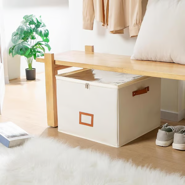 Arenzza fabric shoe organizer storage box with multiple compartments for organizing shoes and accessories.