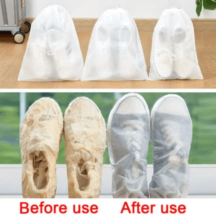 Arenzza reusable drawstring shoe storage bags in black, made of lightweight fabric, with drawstring closure for organizing shoes.